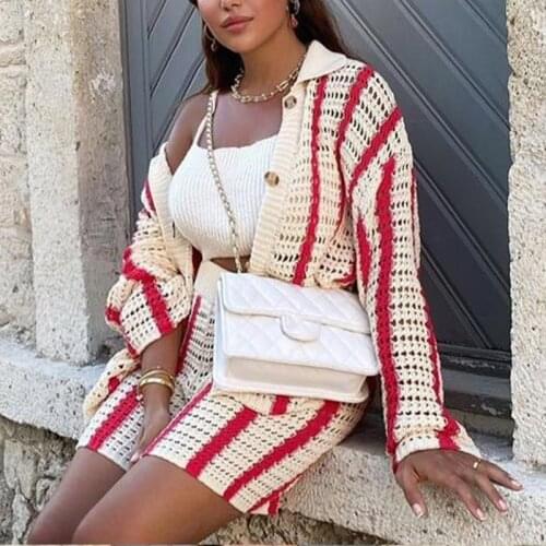 Womens Striped Knitted Cardigan Suits With Shorts High Waist Hollow Out Women 2 Piece Sets Loose Casual 2021 Autumn Spring Girl