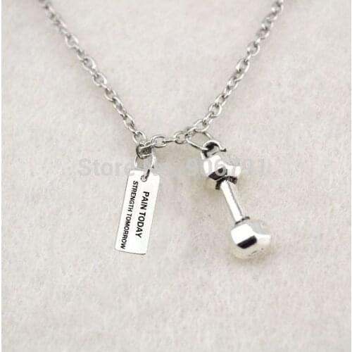 10pcs a lot sport dumbbell and PAIN TODAY STRENGTH TOMORROW charm Fitness Weightlifting Gym necklace