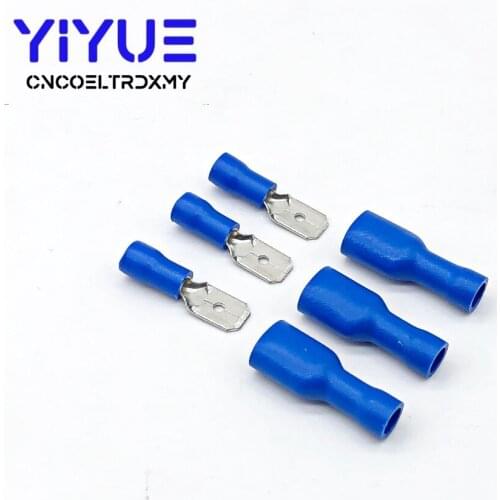 100Pcs/50Pairs 6.3mm 16-14AWG Female Male Electrical Wiring Connector Insulated Crimp Terminal Spade Blue FDFD2-250 MDD2-250
