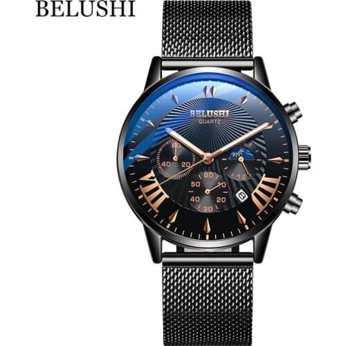 BELUSHI Mens Quartz Multifunction Watches Sports Chronograph Waterproof Stainless Steel Wristwatch Top Brand Relogio Masculino