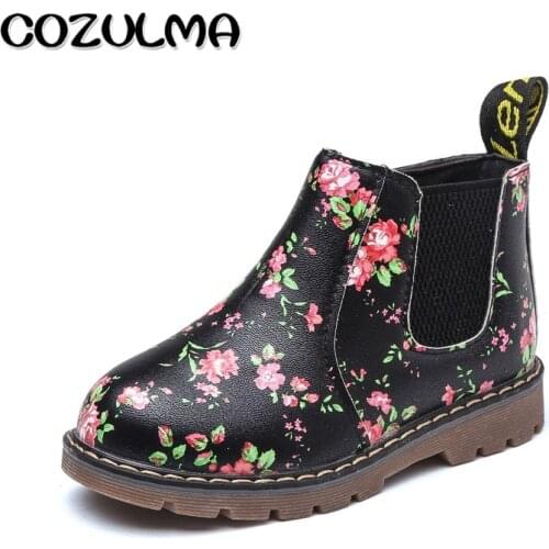 COZULMA Boys Girls Boots Kids Floral Flower Print Martin Boots Fur Plush Children Leather Boots Kids Shoes Baby Boys Girls Shoes