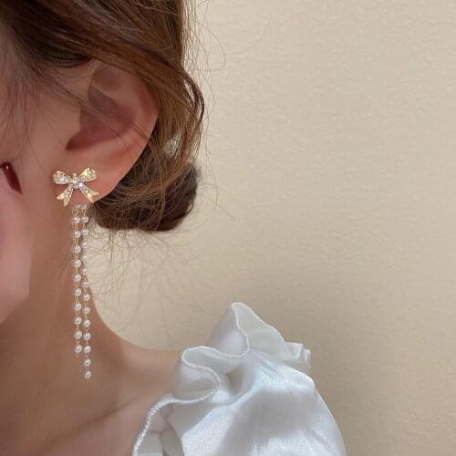 Trend Simulation Pearl Long Earrings Female Bow Tassel Rhinestone Wedding Pendant Earrings Fashion Korean Jewelry Earrings