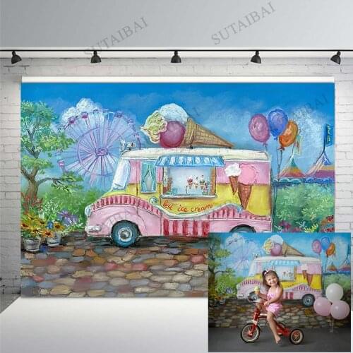 Summer Ice Cream Car Baby Girls Portrait Backdrops Hand Painted Flowers Balloon Ferris Wheel Background Child Photography Studio