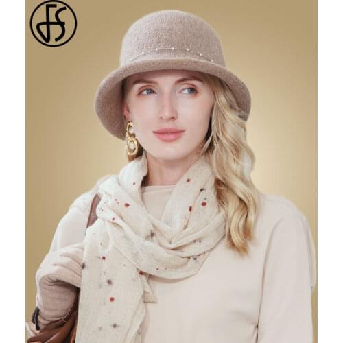 FS Autumn Winter Bowler Hats For Women Wool Felt Fedoras Hat Pearl Lady Floppy Cloche Hat Wide Brim Chapeau Feutre Femme 2020