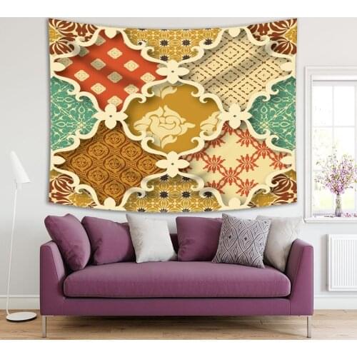 Tapestry Patchwork Moroccan Style Vintage Decorating Art in Retro Colors Blue Red Brown Beige Blue