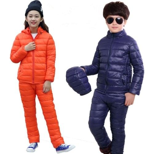 3-13T Childrens Winter Warm Clothing Set Fashion Down Cotton Solid Clothing Suit Light Thin Hooded Outwear High Quality
