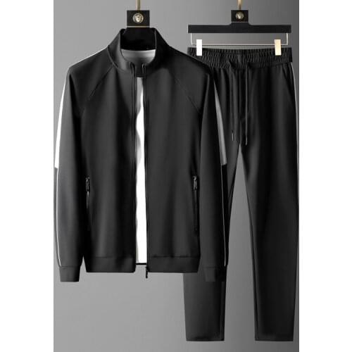 Splicing Design Mens Suits 2 Pieces Luxury Stand Collar Casual Sport Zipper Male Sweatshirts Elastic Waist Slim Man Pants