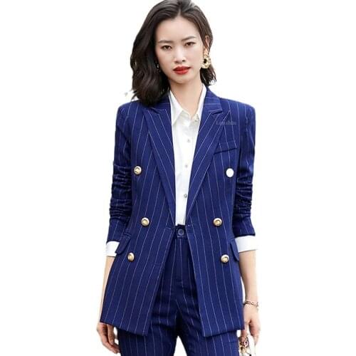 Lenshin High Quality Royal Blue Green Double Breasted Striped 2 Piece Suit Set for Women Pant Suit Work Wear Office Lady Style