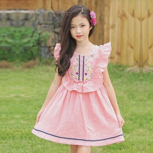 Summer Girl Dress 4-14Years Vintage Flower Embroidery Beach Dresses Sleeveless Kids Teens Princess Ruffles Dress Cotton Linen