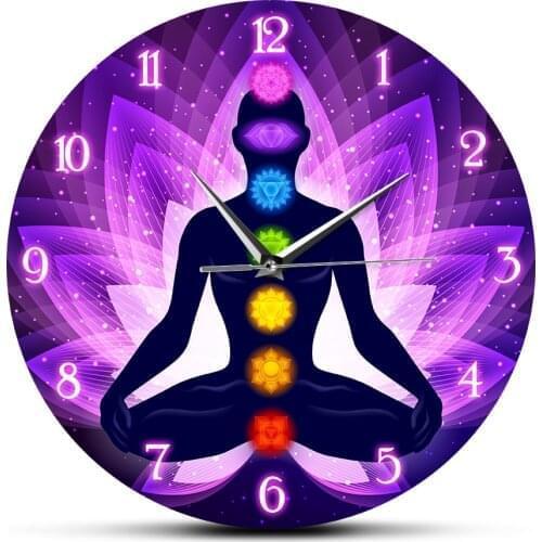 Meditating Human In Lotus Pose Modern Wall Clock Sacral Lotus Flower Background Yoga illustration Silent Non-ticking Wall Clock