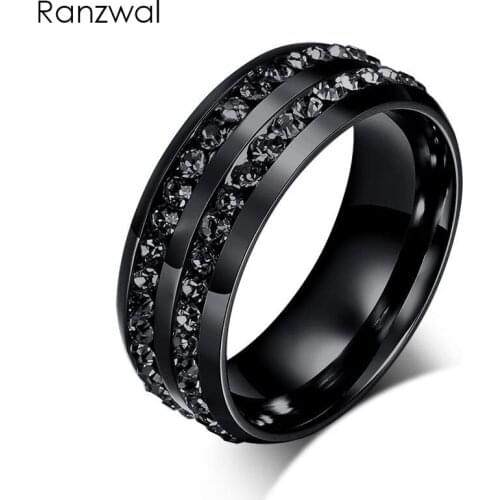 Ranzwal Men Women Stainless Steel Rings with Micro Paved Rhinestones Engagement Ring Wedding Couple Rings SIZE 6~13