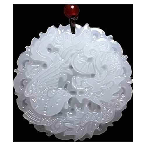 Natural White Jade Dragon phoenix Pendant Necklace Charm Jewelry Lucky Amulet