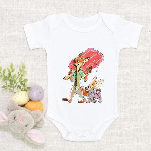 Baby Girls Boys Clothes Zootopia Cartoon Nick the Fox Print Fashion Short Sleeve Toddler Romper White Funny Infant Bodysuits