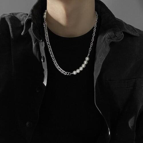 Stainless Steel Asymmetry Imitaion Pearl Chain Necklaces For Women Girls Pearl Choker Necklace Hip Hop Jewelry