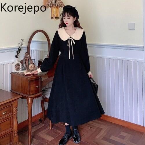 Korejepo Women Dress Black Spring and Autumn 2021 New French Retro Elegant Mid-length Doll Collar Long Sleeve Slim Dress Female