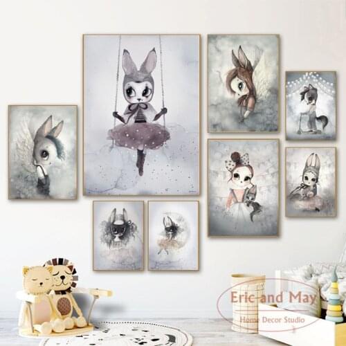 Posters And Prints Cartoon Rabbit Girl Baby Canvas Painting Pictures On The Wall Nordic Decoration Home Decor Cuadro Decorativo