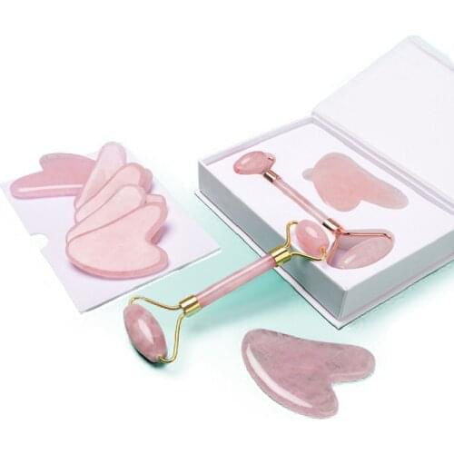 Rose Pink Quartz Natural Jade Stone Facial Massager Gua Sha Scraper Massage For Face Roller Slimming Beauty Neck Thin Lift Relax