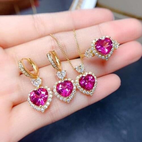 Heart Love Lab Ruby Jewelry set 925 Sterling Silver Promise Party Wedding Rings Earrings Necklace For Women Bridal Jewelry