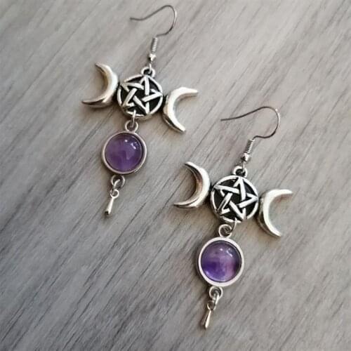 Pentagram Triple Moon Purple Stone Earrings Natural Stone Wicca Witchy Witch Gorgeous Simple Gothic Fashion Women Gift New 2021