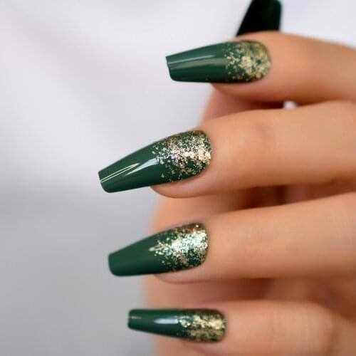 Green French Press on False Nails Silver Sequins Glitter Long Ballerina Coffin Full Cover Artificial Designs Fake Fingers Nails