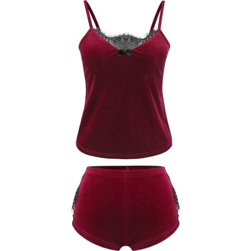 Women Two-piece NIightwear Clothes Set, V-neck Sleeveless Lace Hem Tops and Shorts, Dark Pink/ Wine Red