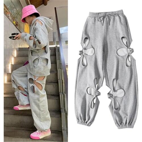 European and American Street Style Women Suit Long-sleeve Hollow Petal Pattern Hooded Sweater+sports Elastic Waist Pants Sets