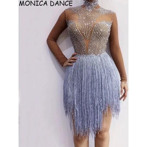 Women Sexy Clothing Shining Silver Rhinestones Fringes Bodysuit Birthday Prom Celebrate Transparent Leotard Vening Dance Costume