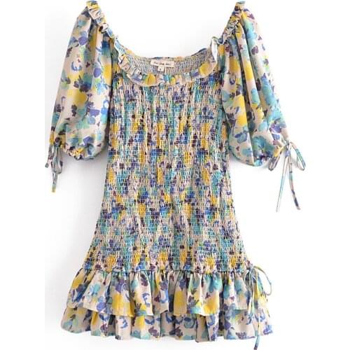 Summer women holiday vintage stretch Bandage short Dress Lace puff sleeve Printed Dresses beach Slim Pleated floral Vestidos