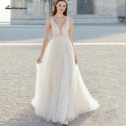 Vestidos Boho Hippie Chic A Line Lace Wedding Dress 2021 Floral Off White Bridal Robe Sexy Plunging Receipt Gown Open Back