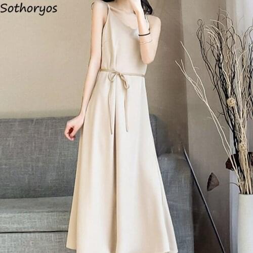 Sleeveless Dress Women Leisure Sashes Elegant All-match Spaghetti Strap Vintage Plus Size 3XL Basic Classic Ankle-length Solid