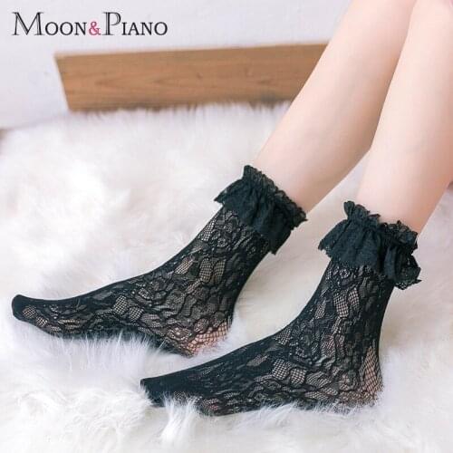 1Pair Lace Short Socks Ladies Girl Lolita Sweet Frilly Ruffle Hollow Korean Harajuku Kawaii Style Princess Socks Black White