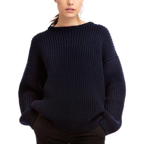 100% Wool 2021 Winter Womens Round neck Dropped Shoulder Thick Needle Loose Knit Pullover Cardigan