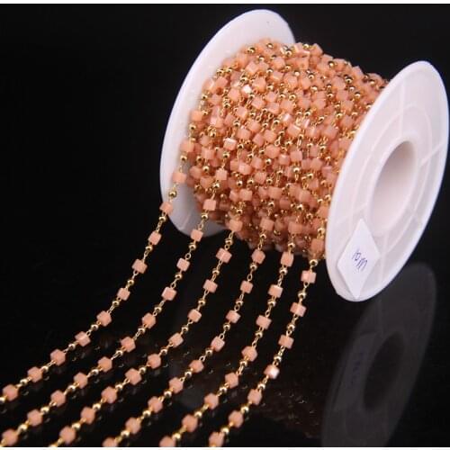 2.5mm Square Beads Wire Wrapped jewelry Rosary Chain,Candy Pink colour Glass&Copper beads Plating gold Chain DIY Bracelet