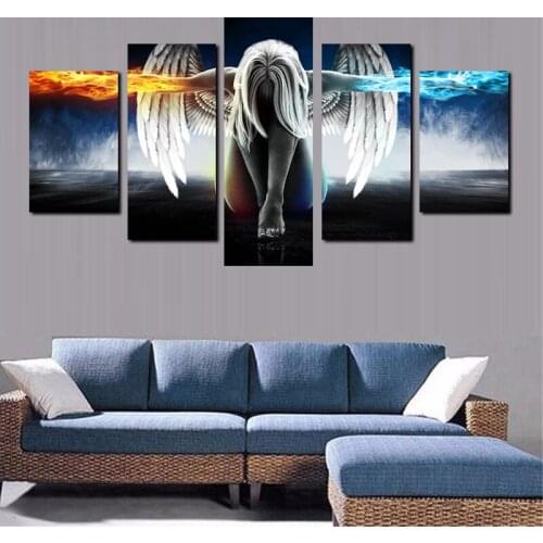 No Framed Canvas 5Pieces Anime Angel Girl Wings Modern Wall Art Posters Pictures Paintings Home Decor for Living Room Decoration