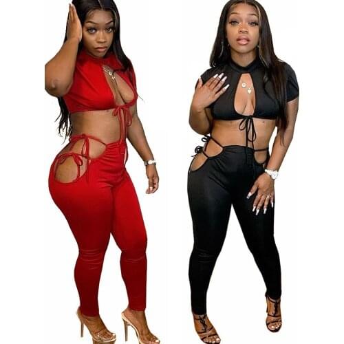 54L0354 Wholesale Items Strap Long Pants Sexy Outfits for Woman Night Clubwear 2 Piece Set Clothes Bandage Hollow Dress