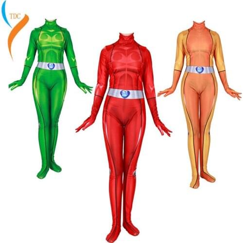 Anime Totally Spies Clover Ewing Samantha Simpson Alexandra Cosplay Costume Bodysuit Suit Zentai Jumpsuits for Women Girls Kids