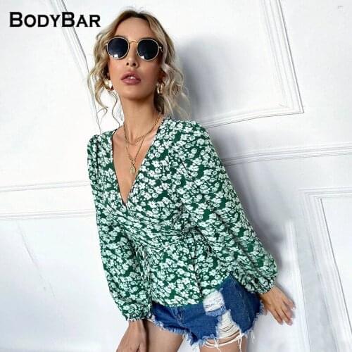 Elegant Female Nine Quarter Blouse Casual V Neck Shirts Lantern Sleeve Floral Print Pullover Tops Spring Loose Hot Selling Blusa
