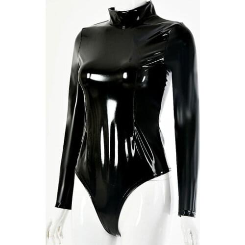 Women Bodysuit Sexy Pvc Latex Bodies Femme Wetlook Bodysuit Black Turlteneck Long Sleeve Bodysuit Shiny Club Stage Sexy Catsuit