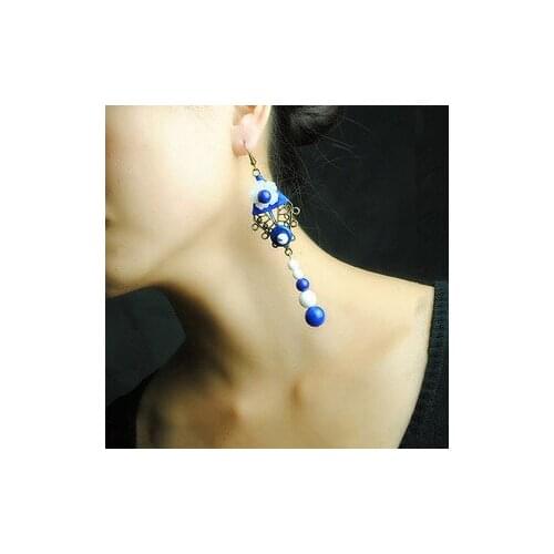 FREE SHIPPING Elegant Delicate Carved Shell Flowers Hollow Retro Bronze Bright Blue White Stone Long Earrings Ethnic Jewelry