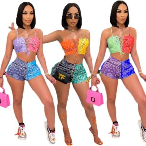 Echoine Paisley Bandanna Print Tracksuit Woman Spaghetti Strap Criss-Cross Top And Biker Shorts Summer Clothes Two Piece Set