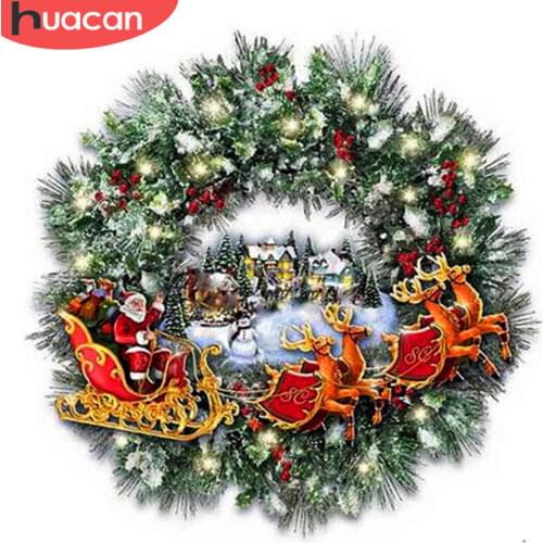 HUACAN Full Square Diamond Painting Christmas Wreath Santa Claus Cross Stitch Kit Diamond Embroidery Landscape House Wall Art