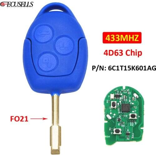 3 Button Remote Key Smart Car Key 433MHz 4D63 Chip FO21 Uncut Blade P/N: 6C1T15K601AG for Ford Transit WM VM 2006 - 2014