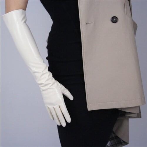 Patent Leather Long Gloves 50cm Long Section Emulation Leather PU Bright Leather Bright Rice Milk White Cream Female WPU68