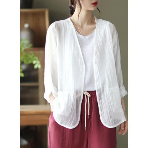 Lightweight Cotton Linen Women Shirts Summer Vintage 2021 Solid V-Neck Loose Pocket Casual Female Outwear Cardigan Tops