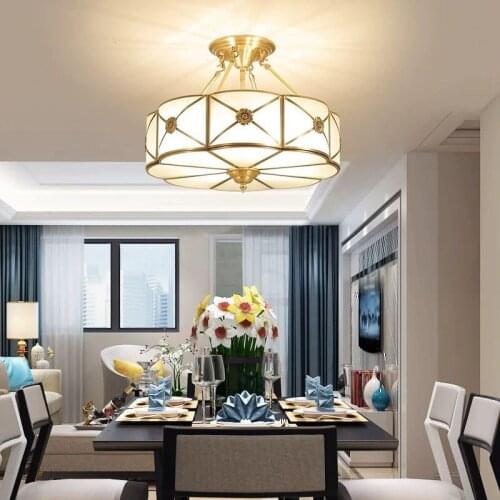 Copper Ceiling Lights American Style Brass bedroom Pendant lights Copper Body Glass Shade Dinning room Hotel Ceiling lamp D50