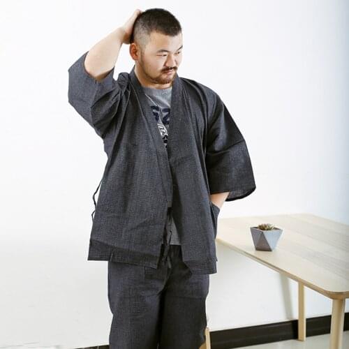 Mens Japanese Style Home Wear Tranditional Japan Kimono Summer Pajamas Loungewear Set