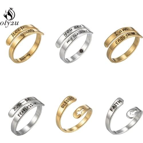 Punk Faith Adjustable Stainless Steel Rings for Men Women Fashion Keep Going Letter Finger Ring Adjustable Anillos Best Gifts