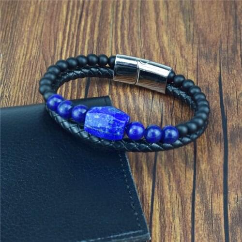 Men Natural Stone Genuine Braided Leather Bracelet Stainless Steel Magnetic Clasp Square Lapis Lazuli Bead Bracelet Jewelry