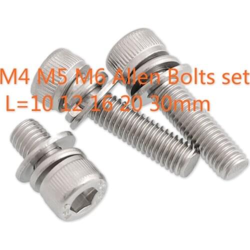 10set Hex Bolt Set M4 M5 M6 Allen Socket Screws DIN912 Flat Spring Washer Gasket 304 Stainless Steel L=10-30mm 16mm 20mm