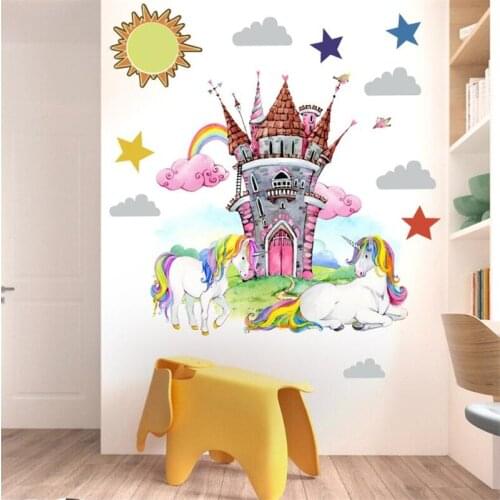Oversized cartoon unicorn castle wall sticker living room bedroom home decoration modern art mural wall stickers for kids rooms